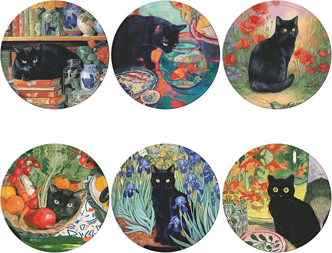 Cat Coasters Leather Round Drink Coasters 6 Pcs Set with Holderor for Cup Drink Coffee Table Bar Home Decor