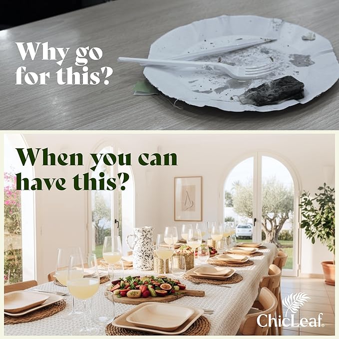 Chic Leaf Disposable Palm Leaf Plates - 50 Count, 8" Square, Christmas Meal - Bamboo Plates, Biodegradable & Compostable - Microwave Safe & Heavy Duty - Romantic Date Night Essentials Wedding Decor