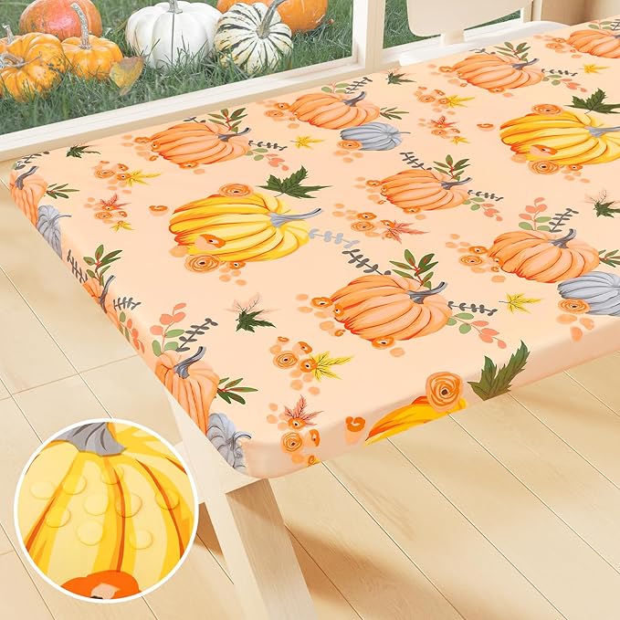 Smiry Plastic Thanksgiving Tablecloth, Pumpkin Wipeable Flannel Backed Vinyl Tablecloths for 8 Foot Tables, Waterproof Elastic Fitted Table Covers for Autumn Harvest, Parties (Orange, 30x96 Inches)