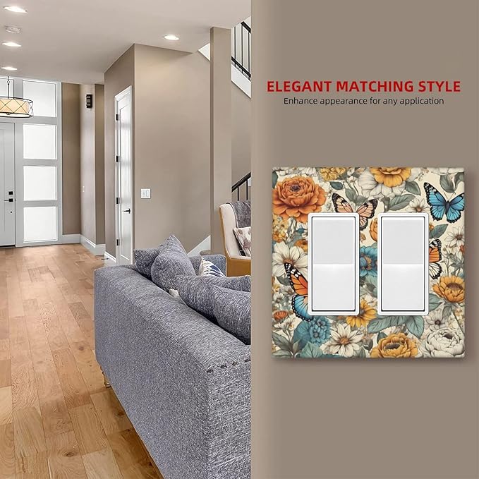Outlet Covers Vintage Colorful Floral Butterfly Flowers 2 Gang Light Switch Cover Double Rocker Wall Plate Decorative GFCI Receptacle Electrical Switchplate for Bathroom Bedroom Decor（2 Pack）
