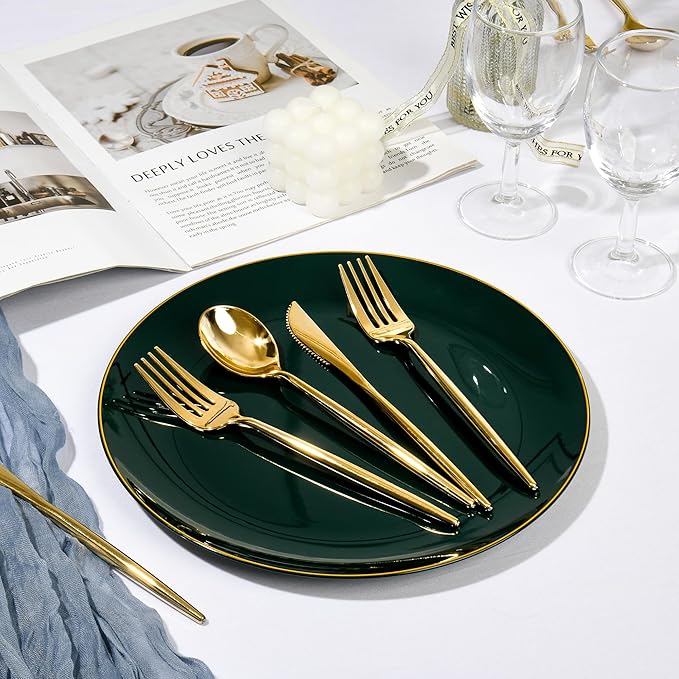 I00000 150Pcs Green Plastic Plates with Gold Rim, Fancy Disposable Plates,Green Plates Set include 30 Dinner Plate,30 Dessert Plate, 90 Plastic Silverware Set for Wedding&Party