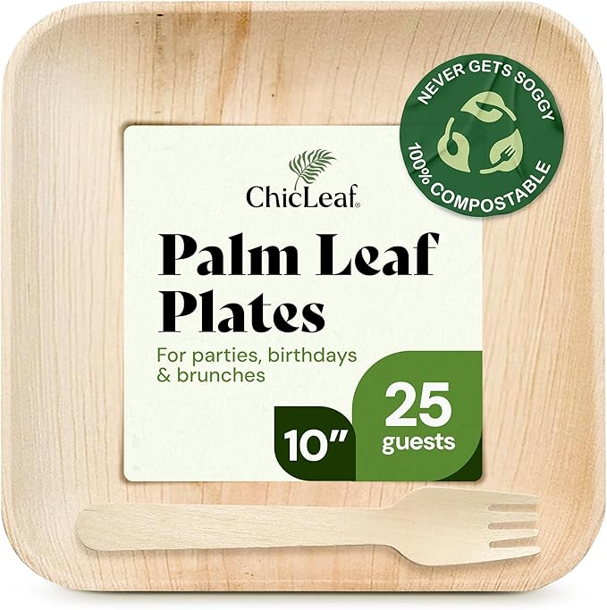 Chic Leaf Palm Leaf Plates Disposable Inch Square Pack Compostable Biodegradable & Eco Friendly Plates, Romantic Valentine's Day Table Setting Microwave Safe Disposable (10'' - 25 Pack)
