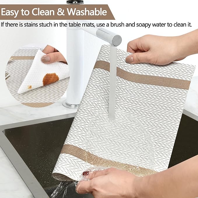 SLKQG Beige White Placemats Set of 4 - Easy Clean Modern Washable Plastic Place Mats - Heat Resistant Placemats for Kitchen Table - PVC Table Mats for Dining Table(Beige White with Stripes, 4)