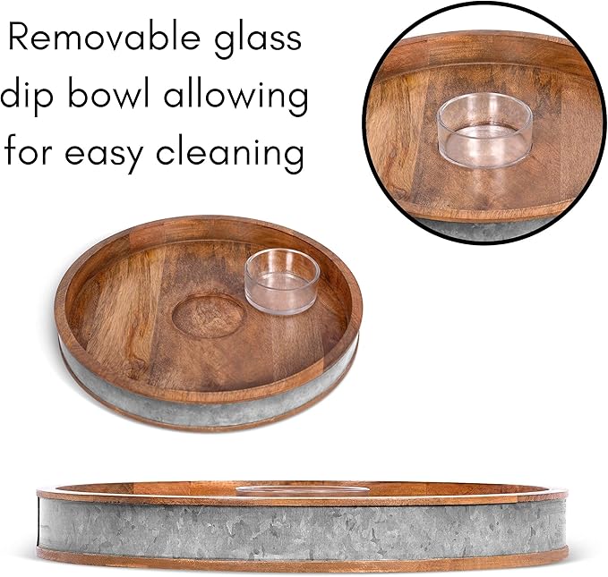 BIRDROCK HOME Wooden & Iron Chip Dip Serving Tray w/Glass Dip Bowl | Extra Large Decorative Kitchen Platter | Salsa, Guacamole, Veggies, Cheese | Decor for Coffee Table, Dining & Living Room - Round