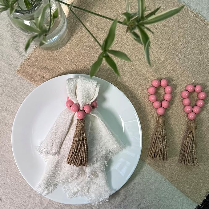 Valentine's Day Napkin Rings Set of 12,Wooden Napkin Ring,Wood Bead Elastic Farmhouse Napkin Holder with Tassel,Boho Napkin Rings for Table Decor,Weeding,Dinner,Party (Pink)