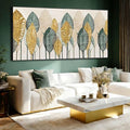 CHUDANHAO Green and Gold Wall Art Leaves Wall Decor Modern Canvas Painting 32"x70" Pictures for Dining Room Area Large Artwork for Living Room
