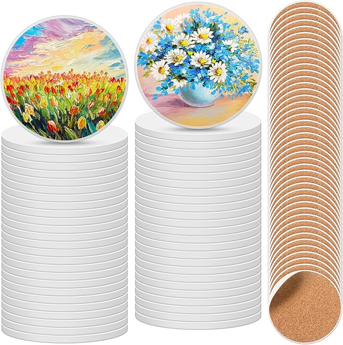 Zopeal 96 Pcs Ceramic Tiles for Crafts Coasters Include Unglazed White Ceramic Tiles with Cork Backing Pads Use with Alcohol Ink Acrylic Pouring for DIY Project Gift (Round)