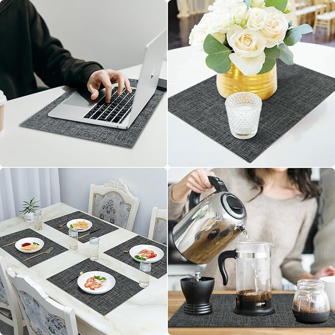 Cloth Placemats Set of 8, Linen Type Fabric Placemats Black Table Mat Set of 8, Machine Washable Rustic Place Mats Heat Resistant Placemats Thick Polyester Kitchen Place Mats for Dining Table