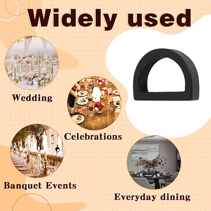 Yagoo Napkin Rings, Wooden Napkin Rings Set of 6, Handcrafted Wood Semicircle Napkin Holders for Table Decoration (Black)