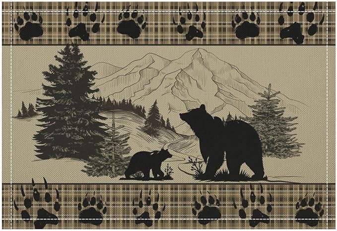 Retro Farmhouse Placemat Set, Rustic Brown Tartan Check Wildlife Bear Paw Silhouette Sketch Pine Tree Forest Pattern Home Decoration Linen Table Mats for Dining Room Kitchen Party (17x12in) x2P