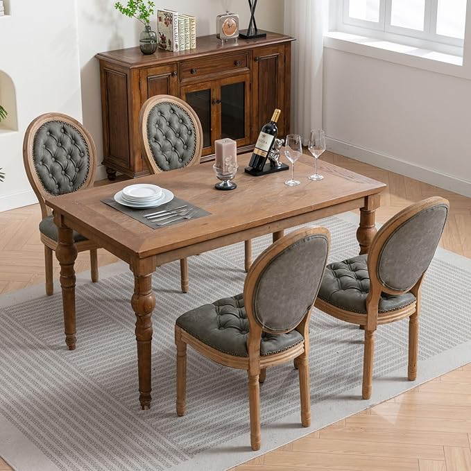 Ball & Cast French Vintage Upholstered Dining Chairs Set of 2, Button Tufted Kitchen Side-Chairs with Carved Antique Wood Frame & Nailhead Trims, PU-Leather Curved Backrest Louis Chair, PU Green