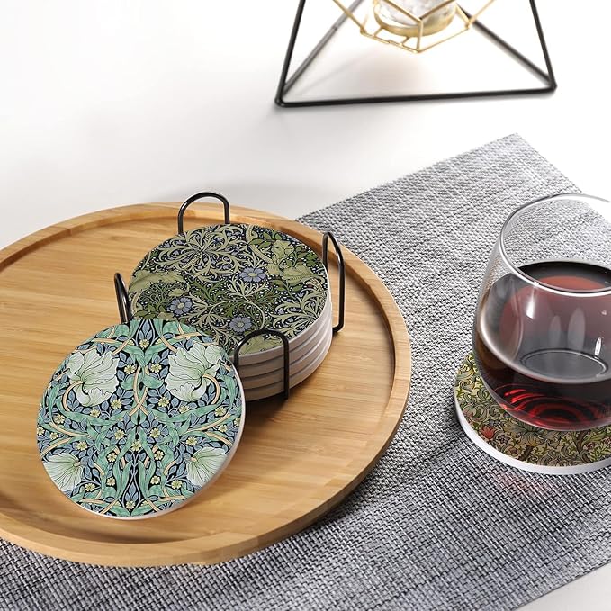 Drink Coasters for Drinks Set of 6, Vintage Art Nouveau Floral Pattern Absorbent Round Ceramic Stone Mat Coaster, with Cork Base and Metal Holder, Home Bar Decor House Warming Gift