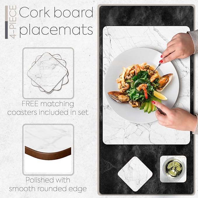 Set of 4 Heat Resistant Cork Placemats for Dining Table with Free Set of 4 Matching Drink Coasters Marble Design 16 x 12 Inches Cork Backed Hard Placemats (White Marble)