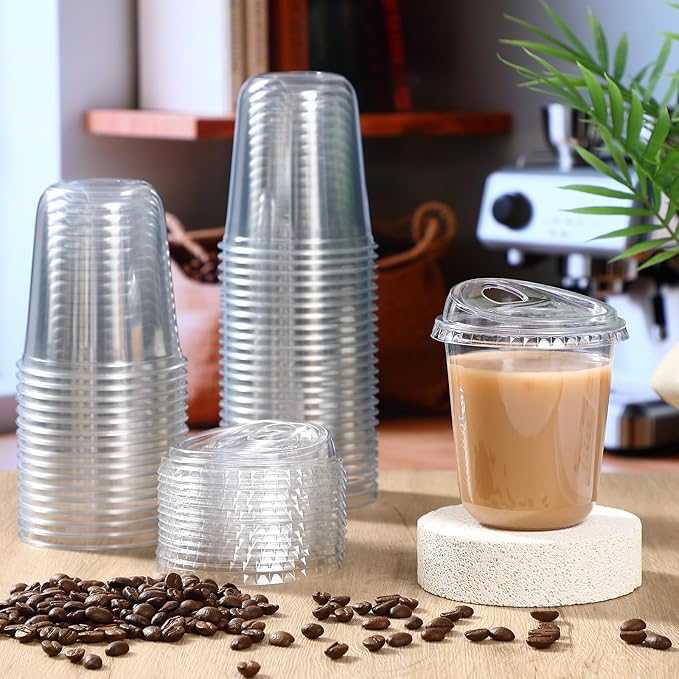 Baderke 50 Pcs Plastic Cups with Sip Lids Round Bottom Disposable Plastic Coffee Cups with Lids Clear Strawless Crystal Mugs for Iced Coffee Smoothie Cold Beverage Party Catering Supplies (14 oz)