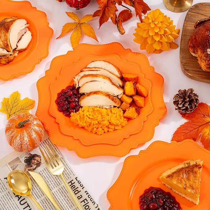 COLOSUS 100pcs orange Disposable Plastic Plate-Heavy duty plate for Party/Wedding/anniversary 50 dinner plates and 50 dessert/salad plates