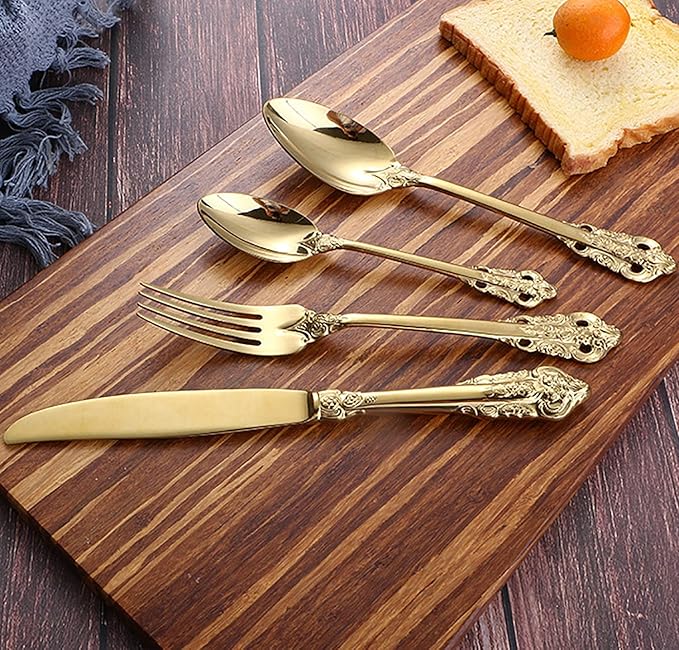 Gold Silverware Set 18/10 Stainless Steel Flatware Sets Palace Style 32 Piece Delicate Cutlery Set for 8 Durable Home Kitchen Wedding Tableware Utensil Include Knifes Teaspoons Forks and Spoons