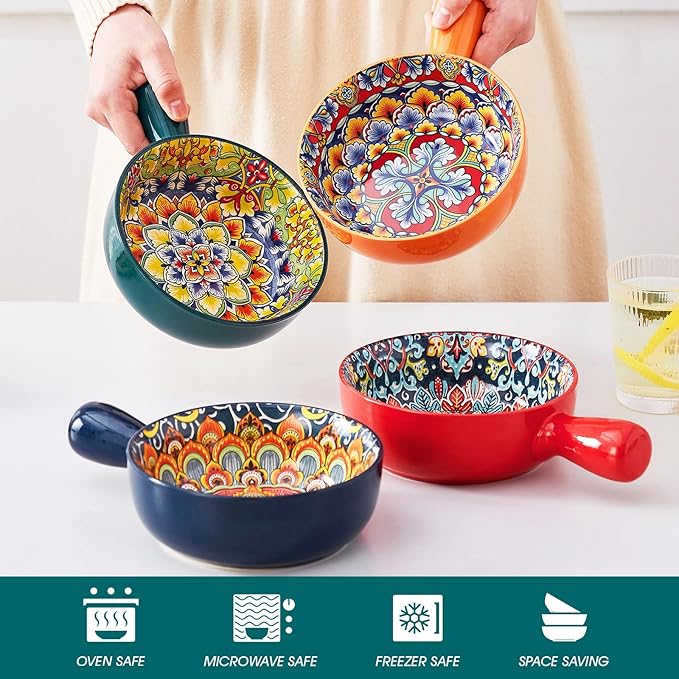 vancasso Soup Bowls with Handles, 23 Oz French Onion Soup Bowls Oven Safe, Bohemian Ceramic Soup Crocks for Cereal, Pasta, Beef Stew, Chilli, Microwave Dishwasher Safe-6.2 inch, Set of 4