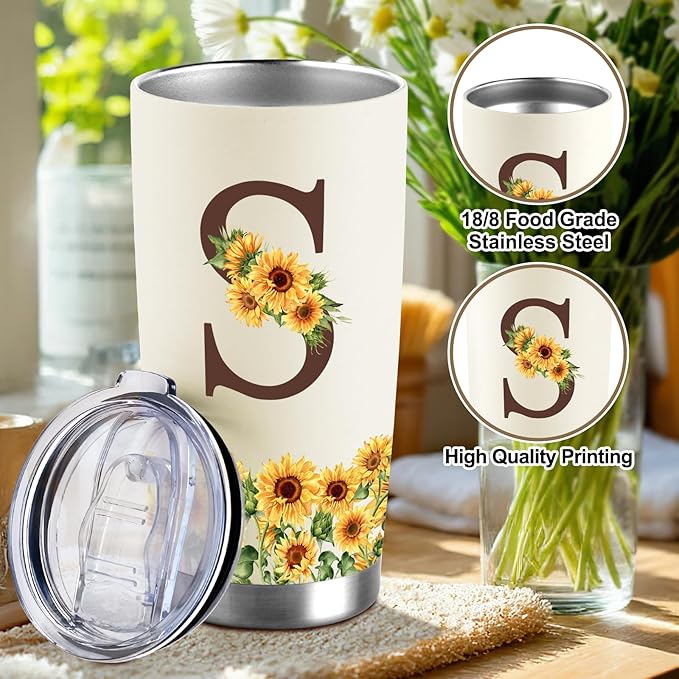 Sunflower Gifts for Women - Personalized Christmas Gifts for Women - Birthday Gift for Woman - Mothers Day Gift for Mom - Monogrammed, Initial 20oz Travel Cup Insulated Tumbler with Lid, S