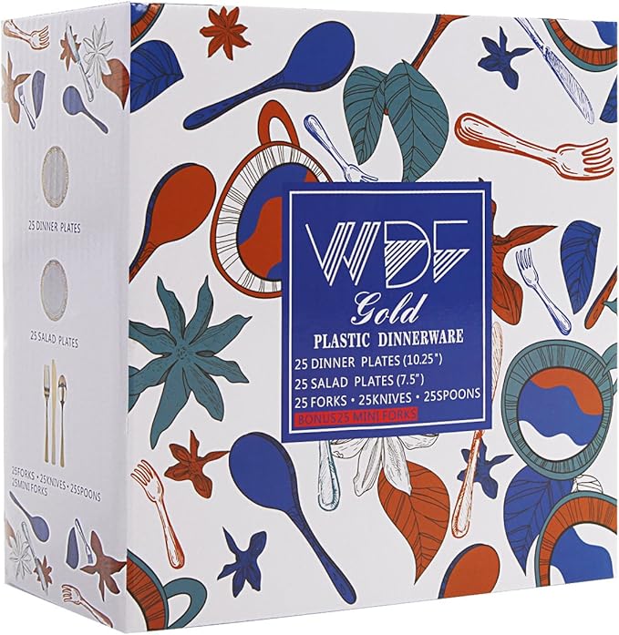 WDF 150PCS Gold Plastic Plates Set - Valentines Plates 25Guests Gold Disposable Dinnerware Sets for Valentine's Day