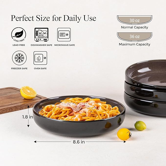 LERATIO 8.5'' Large Ceramic Pasta Bowls, 36oz Pasta Serving Bowls Set of 4 for Kitchen, Wide Bowls for Fruit,Pasta,Salad,Oatmeal,Meal, Microwave Safe, Reactive Glaze