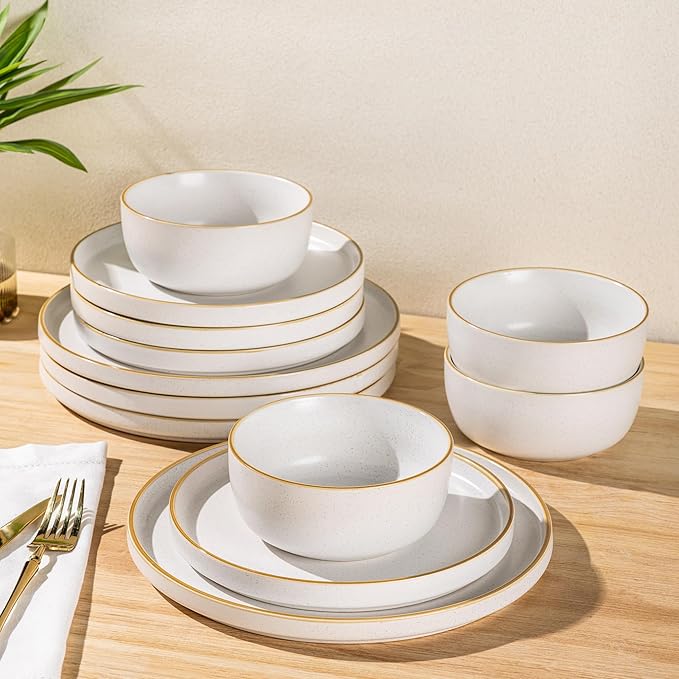 AmorArc Stoneware Dinnerware Sets for 4,Reactive Ceramic Plates and Bowls Set,Highly Chip and Crack Resistant | Dishwasher & Microwave Safe | Round Dishes Set Service for 4 (12pc)