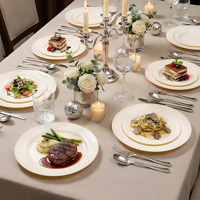 I00000 100 Pc Ivory Plastic Plates,7inch Cream Dessert Plates, Elegant Disposable Plate Perfect for Birthday, Wedding, Baby & Bridal Shower or Party (100 Guests)