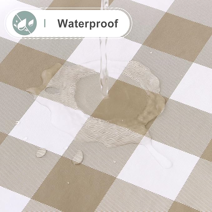 misaya Oval Waterproof Vinyl Table Cloth, Buffalo Flannel Backed Tablecloth, Wipeable Plastic Table Cover for Fall, Thanksgiving (60" x 84", Khaki and White)