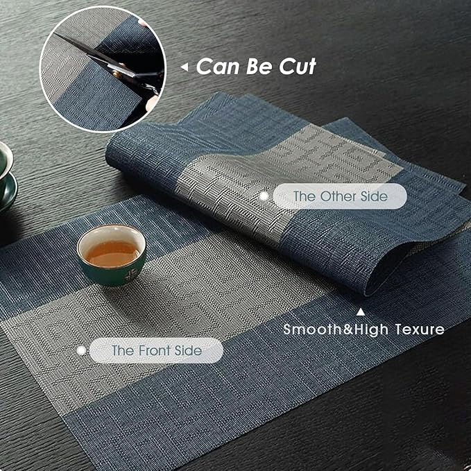 FAVE Placemats Set of 8 Indigo Blue Woven with Gray Placemats Durable and Wipeable Vinyl Placemats Heat Resistant Table Mats Set of 8 for Wedding, Banquet, Birthday, Party, Restaurant (Indigo Blue)