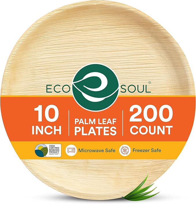 ECO SOUL Palm Leaf Disposable Bamboo Plates 10" Round Compostable & Biodegradable Party Plates for Dinner, Weddings, Parties & Events 200 Count