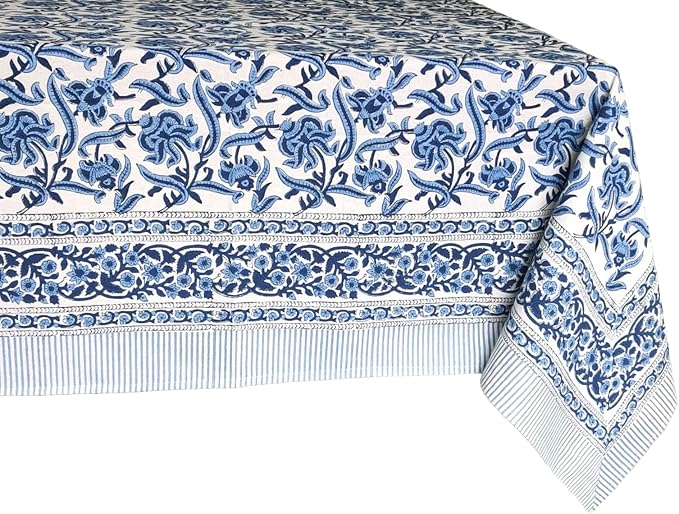 ATOSII Midnight Bloom 100% Cotton Fall Tablecloth, Handblock Print Blue Rectangle Table Cloth for Kitchen Dining Table Linen I Parties Wedding Outdoor Decor 60 X 90 Inches