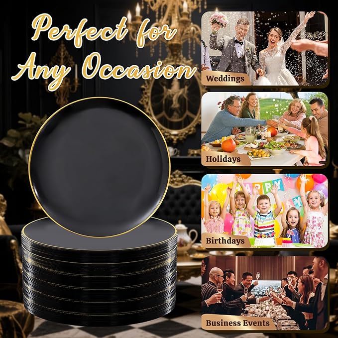 Festiva 400Pcs Black Gold Dessert Plates 6.3" with Forks 5"- 200PCS Small Disposable Dessert/Cake/Appetizer Plates and 200PCS Forks - Serve 200 Guests for Birthday Party& Wedding