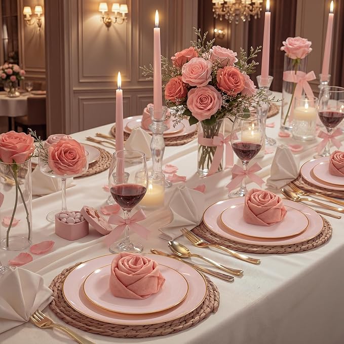WDF 300Pcs Pink Plates Disposable - Pink and Gold Plastic Dinnerware Set for 50 Guests Include 50 Dinner & Cake Plates, 50 Disposable Cutlery, 50 9oz Cups for Wedding, Party, Valentine's Day