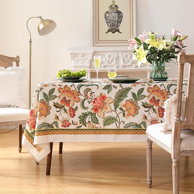 patdrea Designer Linen Rectangle Tablecloth,Vintage Provencal Rustic Floral Pattern Tablecloths,Decorative Table Cover Cloth for Kitchen,Dining Room,Tea Party,Home,Christmas,55"*71"
