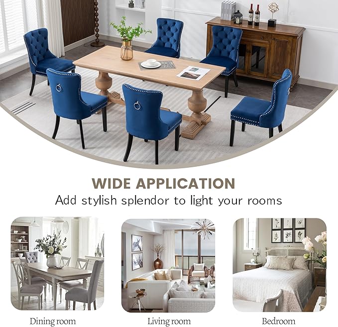 KCC Velvet Dining Chairs Set of 6, Upholstered High-end Tufted Dining Room Chair with Nailhead Back Ring Pull Trim Solid Wood Legs, Nikki Collection Modern Style for Kitchen, Blue