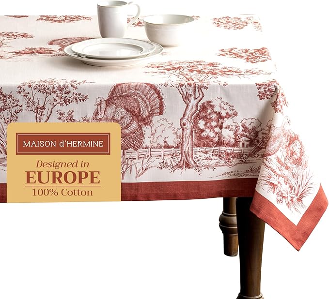 Maison d' Hermine Table Cloth Rectangle Table 100% Cotton 70 x 120 Inches Fall Tablecloth Reusable Everyday Use for Thanksgiving Christmas Decorations Dining Farmhouse Party (Holy Jouy - Red)