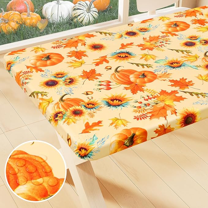 Smiry Plastic Thanksgiving Tablecloth, Sunflower & Pumpkin Wipeable Flannel Backed Vinyl Tablecloths for 6 Foot Tables, Waterproof Elastic Fitted Table Covers for Autumn Harvest (Gold, 30x72 Inches)