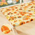 Smiry Plastic Thanksgiving Tablecloth, Sunflower & Pumpkin Waterproof Elastic Fitted Table Covers for 8 Foot Tables, Wipeable Flannel Backed Vinyl Tablecloths for Autumn Harvest (Gold, 30x96 Inches)