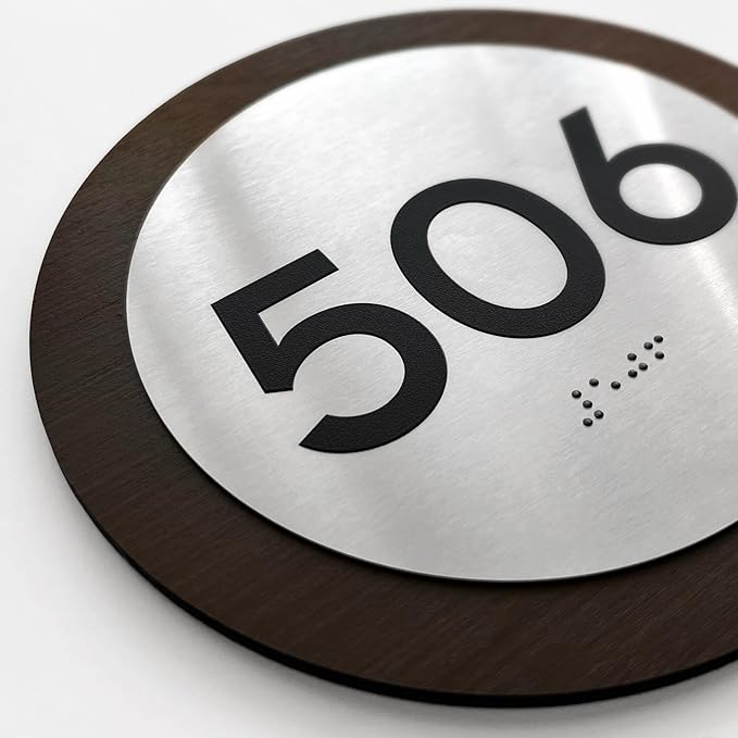 Bsign Round Door Number Sign - Wood Stainless Steel Plate - Custom Door Plates