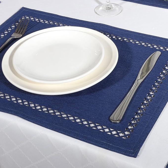 Placemats Set of 6 for Dining Table with Hollow Edge Design- Table Mats 12x 18 Inch, Cloth Place mats Machine Washable (Blue 6pcs)