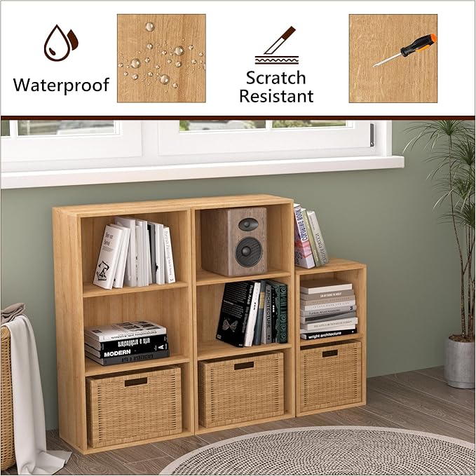 Wooden 4 Cube Storage Organizer, 4 Tier Tall Modern Bookshelf Freestanding Storage Display Organizer, Versatile Cubes Shelf and Cubby Unit for Living Room, Bedroom, Home Office 15.7inch
