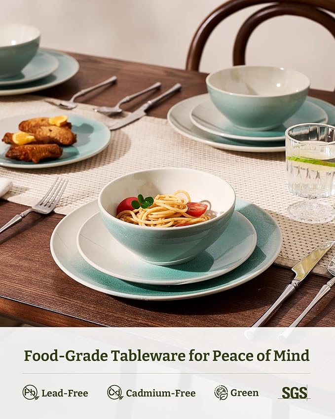 Famiware Glacier Stoneware Dinnerware Sets, Plates and Bowls Sets, 12 Pieces Kitchen Dishes Set for 4 - Dishwasher and Microwave Safe, Chip and Scratch Resistant, Aqua