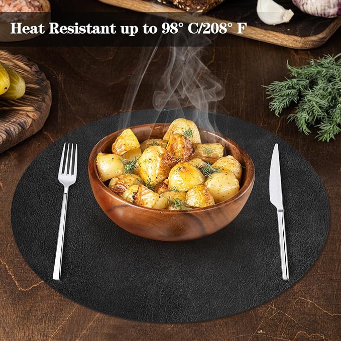 Round Placemats and Coasters Set of 4, Washable Reversible Faux Leather Placemats Cowhide Pattern Place Mats Wipeable Non-Slip 15 inch Round Kitchen Dining Table Mats (Gray Black, 4)