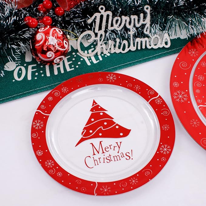 U-QE 60PCS Red and Clear Plastic Plates - Disposable Christmas Plastic Plates for 30 Guests Include 30 Dinner Plates 10.25’’ & 30 Dessert Plates 7.5’’, Premium Party Supplies for Christmas Theme Party