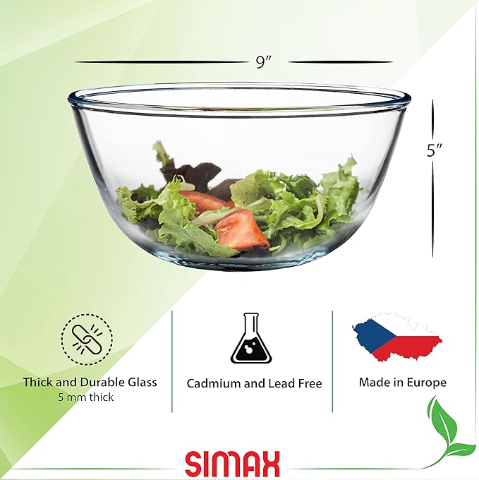 SIMAX 2.6 Quart Glass Mixing Bowl, Large Microwave & Oven Safe Bowl, Borosilicate Serving Bowl for Kitchen, Cooking, Baking, Salad - Clear