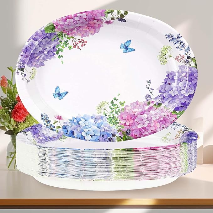 50 Pcs Hydrangea Flowers Oval Paper Plates Large 10"x12" Blue Purple Pink Hydrangea Floral Plates Disposable Heavy Duty Flower Plate for Spring Wedding Bridal Baby Shower Decoration Tea Party Supplies