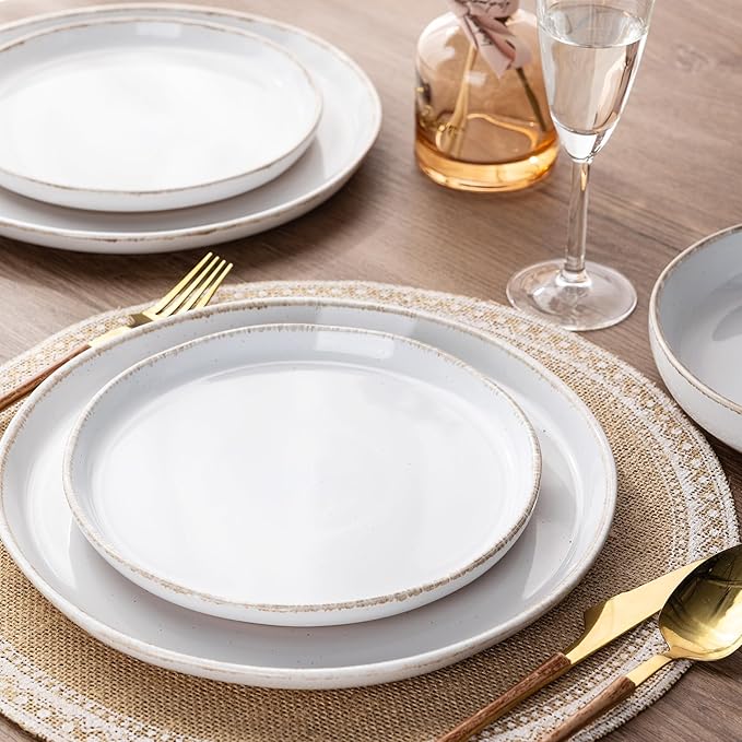 AmorArc 24 Pieces Ceramic Dinnerware Sets for 8, Handpainted Stoneware Plates and Bowls Set with Rustic Terracotta Underside, Scratch Resistant Dishes Set, Dishwasher & Microwave Safe, White