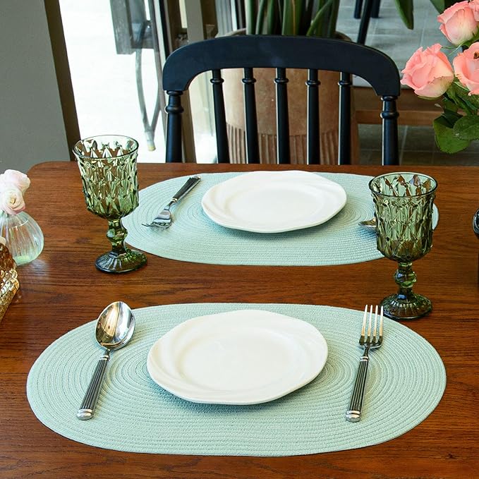 Noctiflorous Oval Braided Placemats Set of 4 Woven 12x18 Inch Non Slip Washable Heat Resistant Place Mats Round Tablemats for Dining Kitchen Party Daily Table Decor Dinner Mats (Mint Green, 4)