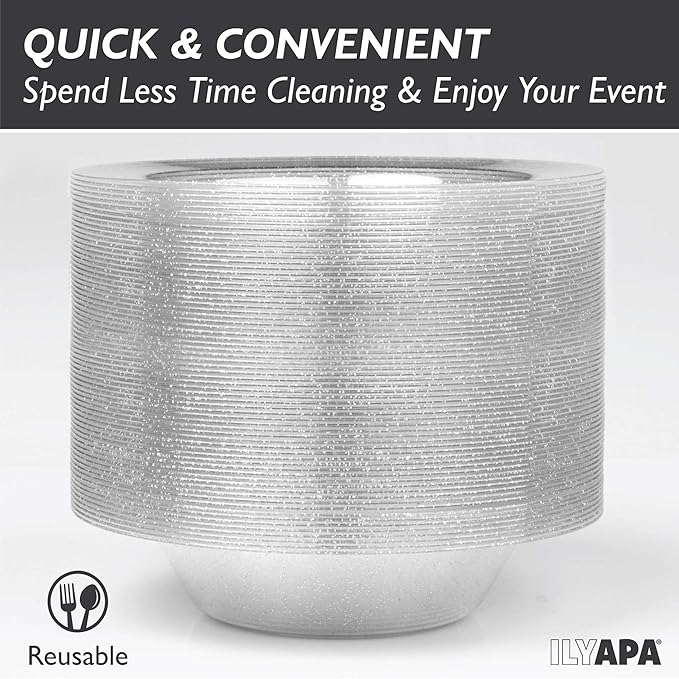 Ilyapa 100 Pack 12 ounce Silver Plastic Bowls, 12 oz Heavy Duty Disposable Plastic Bowls, 12oz Salad, Soup and Dessert Bowl, Wedding, Party Brunch, Silver Glitter