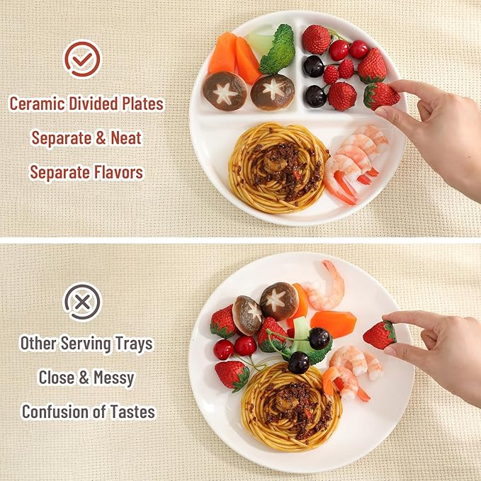 Lounsweer Set of 8 Pcs Portion Control Plate Ceramic Divided Bariatric Plates 3 Compartment Reusable Dinner Plates for Weight Loss Balanced Meal (9.5 Inch)