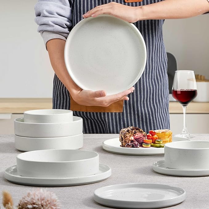 Herogo 8 Piece Dinnerware Sets with Pasta Bowls for 2, Dinner Salad Plates and Cereal Serving Bowls, Stoneware Dishes Dinner Ware for Kitchen Dining, Chip & Scratch Resistant Dishware, Speckled White